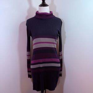 Mango Blue Purple Long Sleeve Ribbed Dress Long Sleeve Size XS Striped Raw Hem